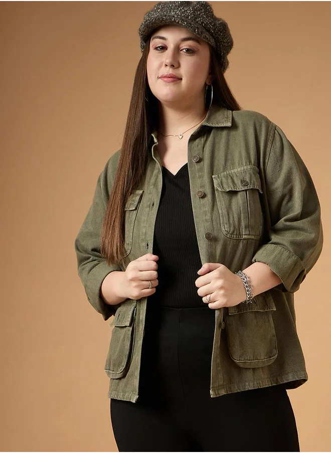 SASSAFRAS Plus Size Acid Washed Denim Shacket