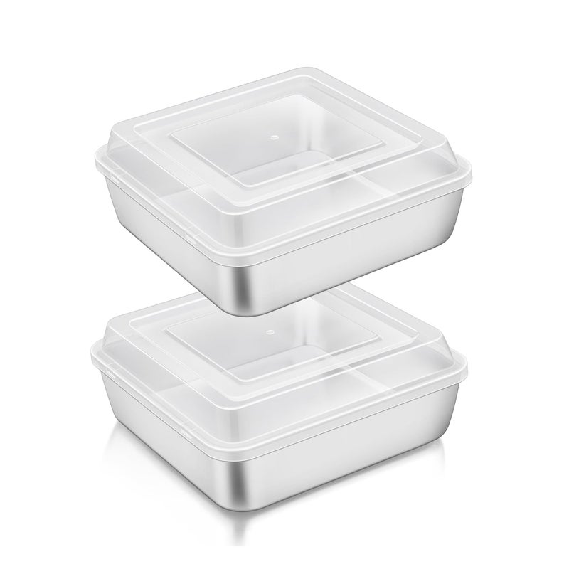 TeamFar 6 Inch Square Cake Pan with Lid Stainless Steel Square Baking Lasagna Brownie Pan for Meal Prep Storage Transporting Food Healthy  Heavy Duty Dishwasher Safe 2 Pans  2 Lids