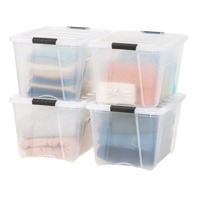 USA 54 QT STACKABLE PLASTIC STORAGE BINS WITH LIDS 4 PACK BPAFREE MADE IN USA SEETHROUGH ORGANIZING SOLUTION LATCHES DURABLE NESTABLE CONTAINERS SECURE PULL HANDLE CLEAR
