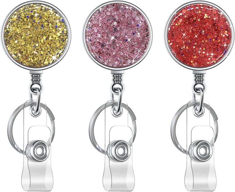 Boutilon Retractable Badge Holder, Retractable Badge Reels,Lightweight Plastic Badge Reel Card Holder with Key Ring Backing Belt Clip for Nurse,Volunteer,Teacher,Student(3 Pack Golden Pink Red) - Image 1