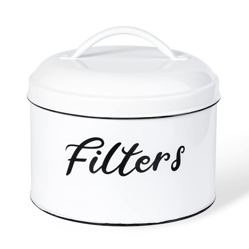 Webake Coffee Filter Holder Farmhouse White Coffee Filter Storage Container with lid Round Coffee Filter Storage Dispenser for Counter Kitchen Coffee Bar Dcor