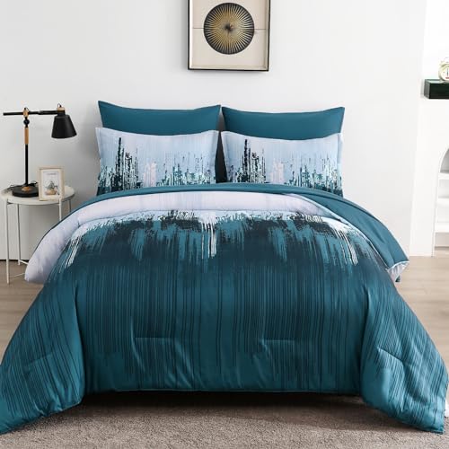 WONGS BEDDING Comforter Set QueenTeal Blue 7 Pieces Bed in a Bag Colorful Abstract Art Gradient Comforter Soft Microfiber Bedding Set with ComforterFlat SheetFitted SheetPillow ShamsPillowcases - Image 1