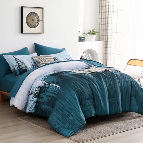 WONGS BEDDING Comforter Set QueenTeal Blue 7 Pieces Bed in a Bag Colorful Abstract Art Gradient Comforter Soft Microfiber Bedding Set with ComforterFlat SheetFitted SheetPillow ShamsPillowcases - Image 3