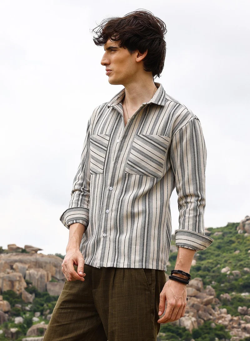 CAHOOT  Men's Bone Beige & Cloud Grey Multitrack Striped Oversized Shirt for Men | Best Price UAE