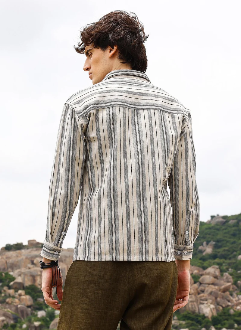 CAHOOT  Men's Bone Beige & Cloud Grey Multitrack Striped Oversized Shirt for Men | Best Price UAE