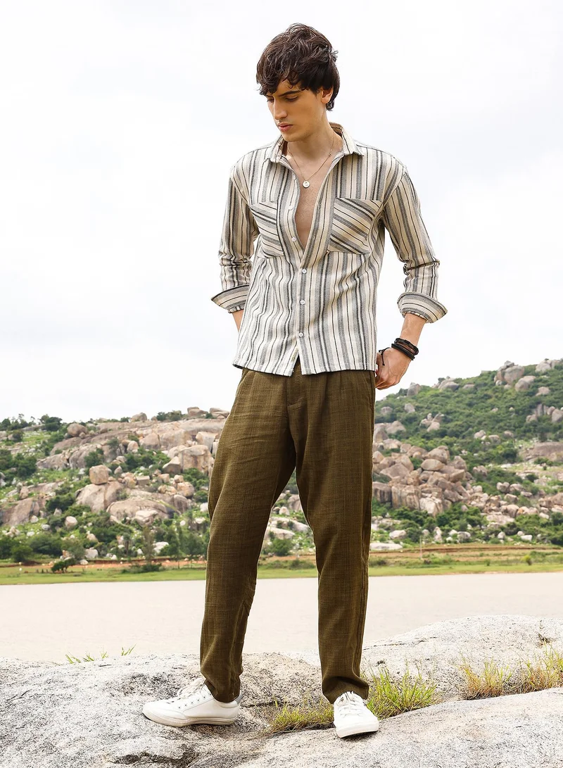 CAHOOT  Men's Bone Beige & Cloud Grey Multitrack Striped Oversized Shirt for Men | Best Price UAE