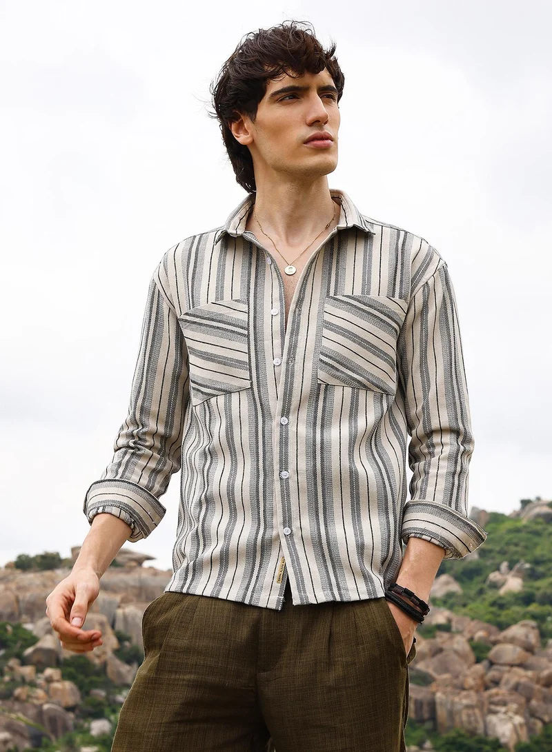 Campus Sutra Campus Sutra Men's Beige & Grey Multitrack Striped Oversized Shirt For Casual Wear | Spread Collar | Long Sleeve | Button Closure | Oversized Shirt Crafted With Comfort Fit For Everyday Wear