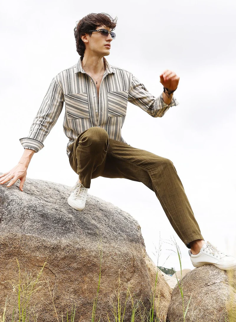 CAHOOT  Men's Bone Beige & Cloud Grey Multitrack Striped Oversized Shirt for Men | Best Price UAE