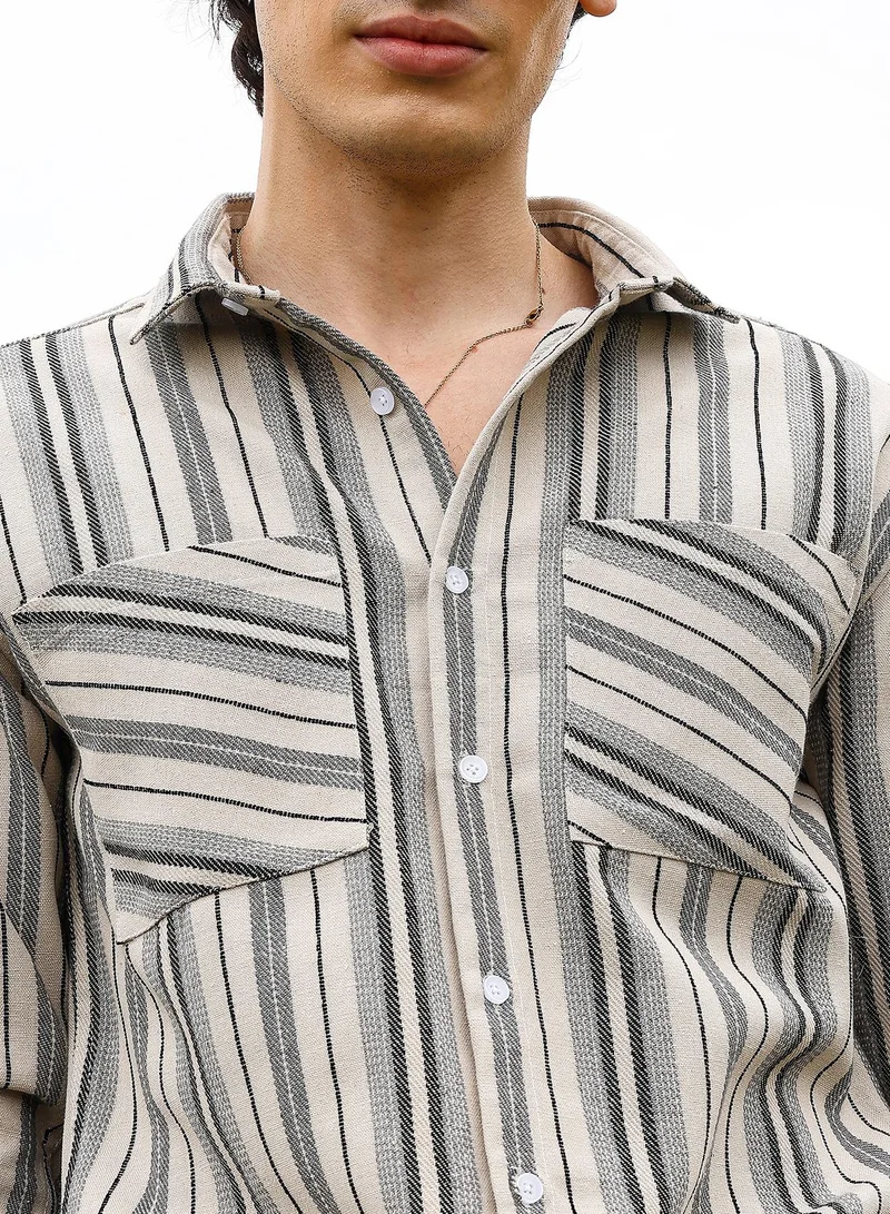 CAHOOT  Men's Bone Beige & Cloud Grey Multitrack Striped Oversized Shirt for Men | Best Price UAE