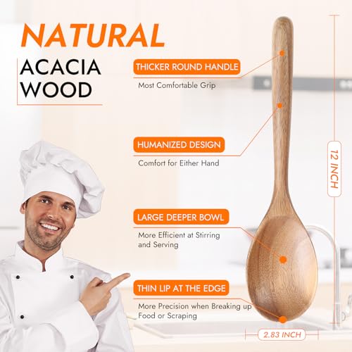 GinSent Kitchen Wooden Cooking Spoon, Solid Acacia Wood Serving Spoons for Mixing Stirring, Nonstick Kitchen Utensils Tableware Ladle Scoop for Soup Stews Salad Pasta Sauce Chili (2 Pieces) - Image 2
