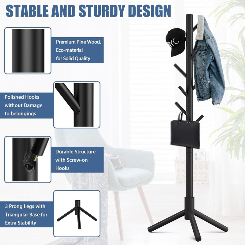 Haddockway Wooden Coat Rack Stand with 8 Hooks New Zealand Pine 3 Adjustable Coat Standing Tree Easy Assembly for Coats, Hats, Scarves and Handbags for Entryway, Hallway, Bedroom, Office - Image 2