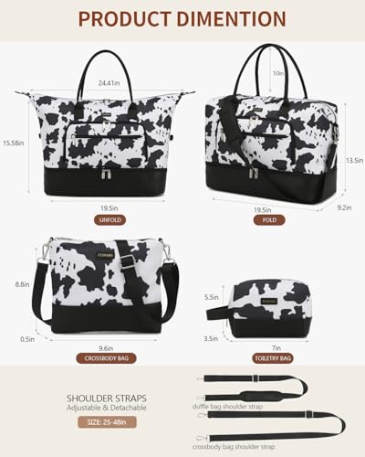 CLOKARS Weekender Bags for Women, Travel Duffle Bag Carry On Overnight Bag with Cosmetics Bag and Crossbody Purse for Gym Hospital, Gifts for Women, Cow Print Black - Image 3
