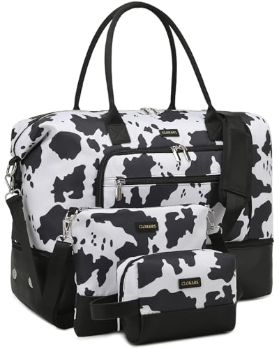 CLOKARS Weekender Bags for Women, Travel Duffle Bag Carry On Overnight Bag with Cosmetics Bag and Crossbody Purse for Gym Hospital, Gifts for Women, Cow Print Black - Image 1