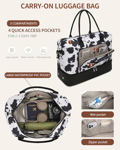 CLOKARS Weekender Bags for Women, Travel Duffle Bag Carry On Overnight Bag with Cosmetics Bag and Crossbody Purse for Gym Hospital, Gifts for Women, Cow Print Black - Image 5
