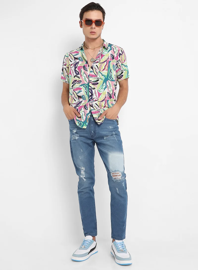 كامبوس سوترا Men's Pink & Green Abstract Foilage Shirt