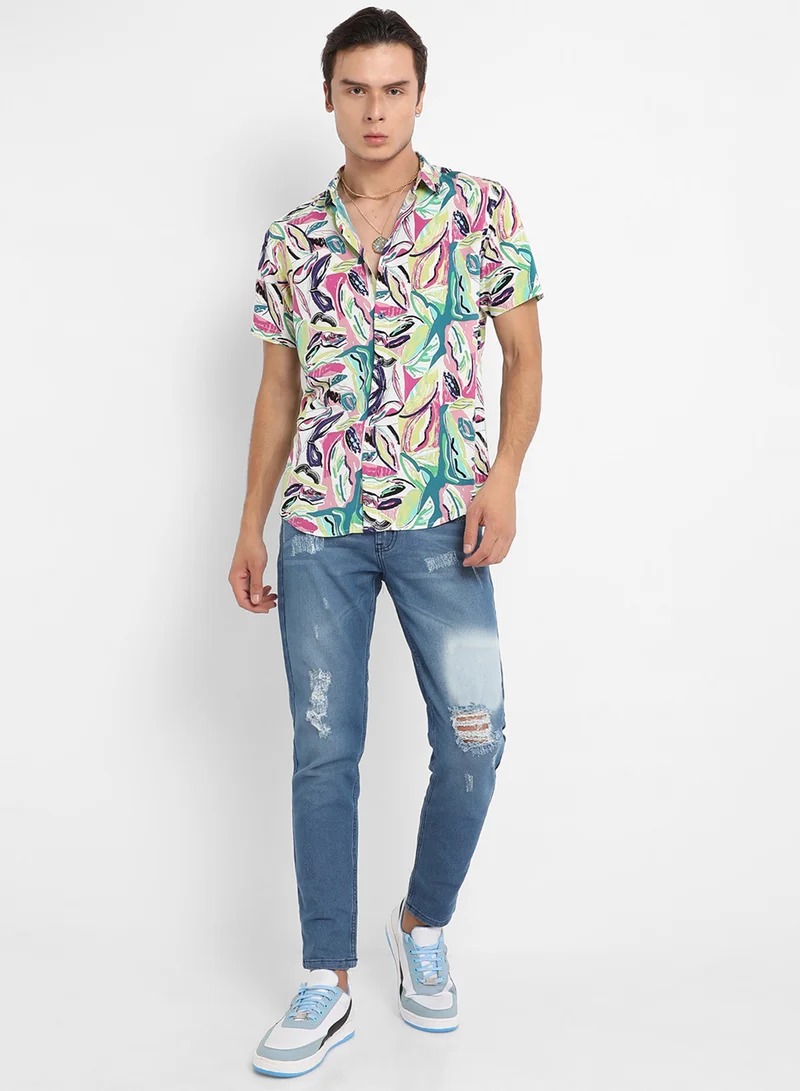 كامبوس سوترا Men's Pink & Green Abstract Foilage Shirt