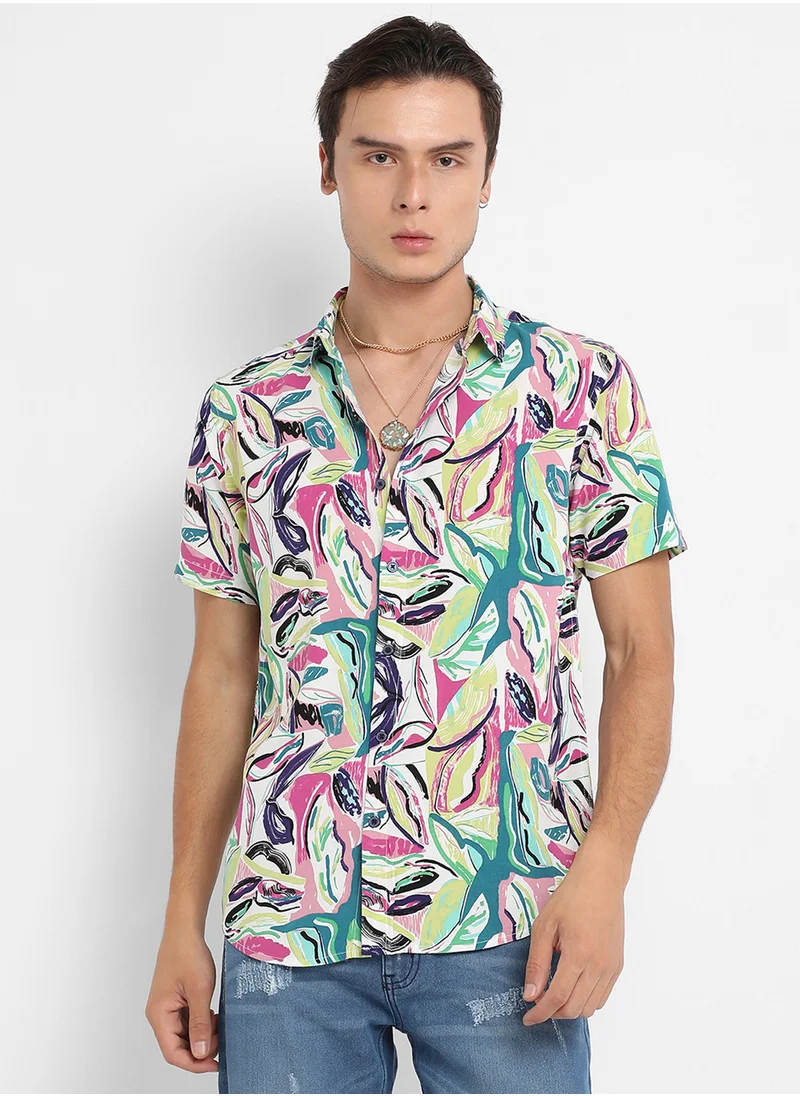 كامبوس سوترا Men's Pink & Green Abstract Foilage Shirt