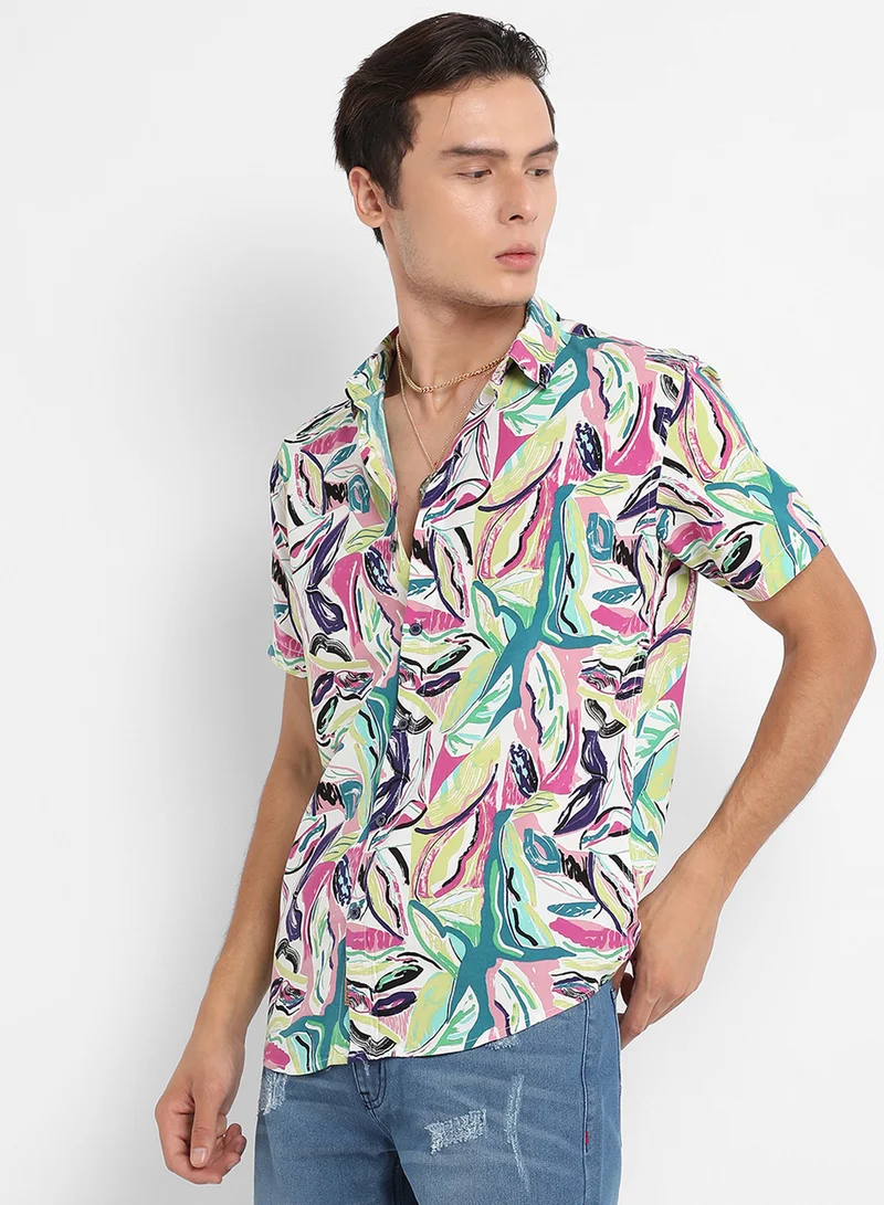 كامبوس سوترا Men's Pink & Green Abstract Foilage Shirt