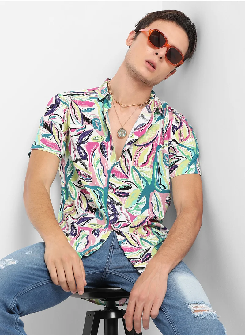 كامبوس سوترا Men's Pink & Green Abstract Foilage Shirt