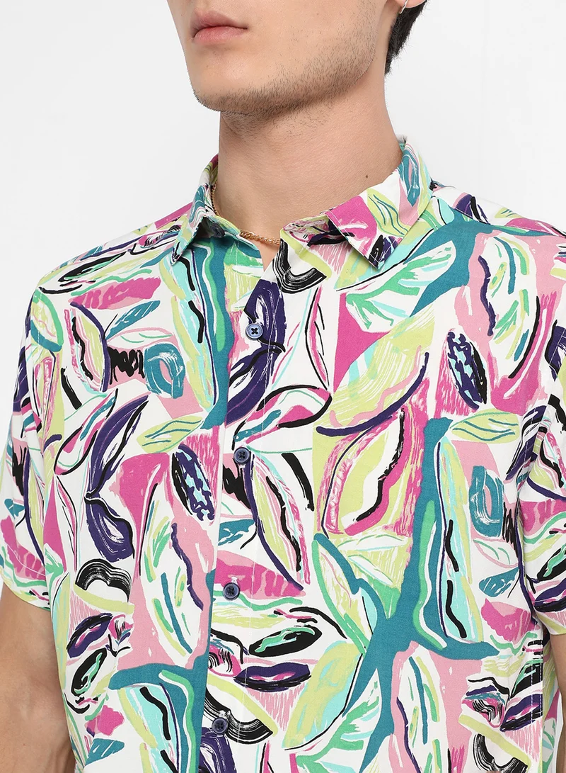 كامبوس سوترا Men's Pink & Green Abstract Foilage Shirt
