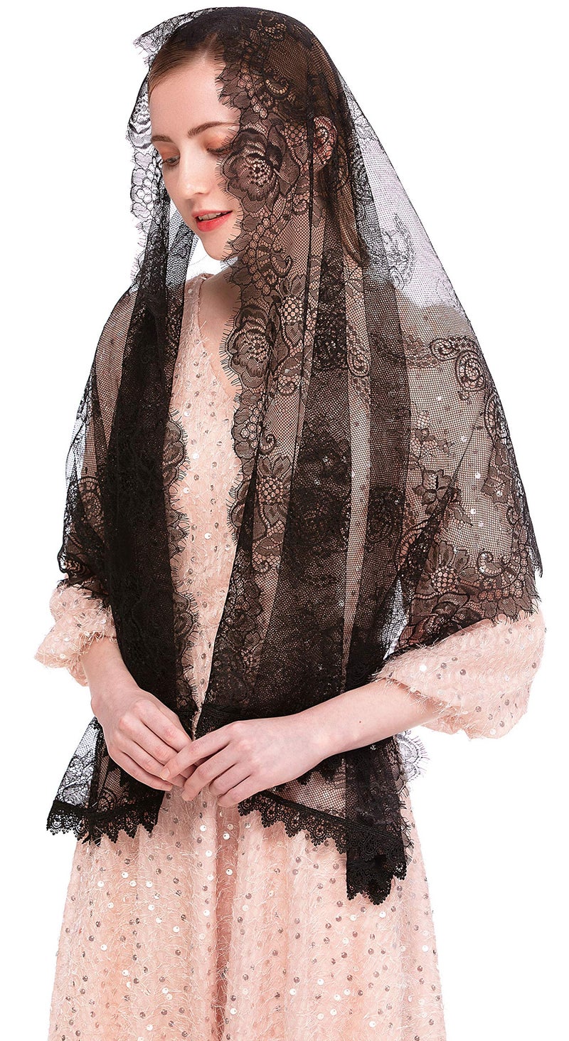 PAMOR Chapel Veil Spanish Lace Floral Mantilla Veils Wrap Shawl Mass Head Covering Rectangular Shape (Black) - Image 1