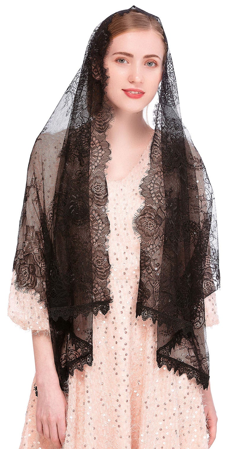 PAMOR Chapel Veil Spanish Lace Floral Mantilla Veils Wrap Shawl Mass Head Covering Rectangular Shape (Black) - Image 3