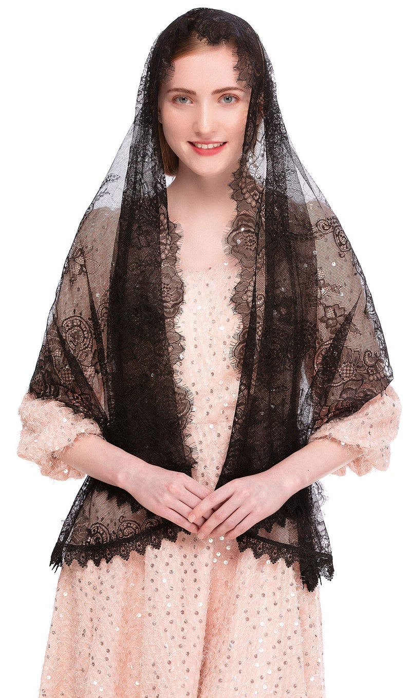 PAMOR Chapel Veil Spanish Lace Floral Mantilla Veils Wrap Shawl Mass Head Covering Rectangular Shape (Black) - Image 2