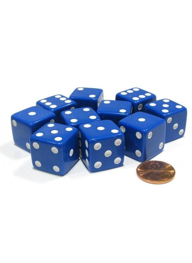 Set of 10 Large Six Sided Square Opaque 19mm D6 Dice - Blue with White Pip Die