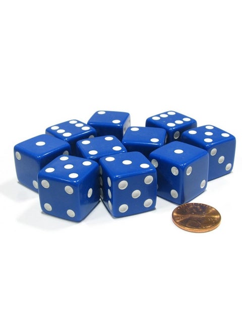 Set of 10 Large Six Sided Square Opaque 19mm D6 Dice - Blue with White Pip Die