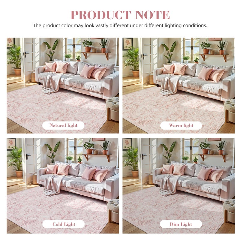 Deerly Pink Area Rugs 8x10 Rugs for Living Room, Traditional Washable Rugs for Bedroom Distressed Large Area Rug Living Room Rug Non Slip Rug Carpet for Dining Nursery - Image 5