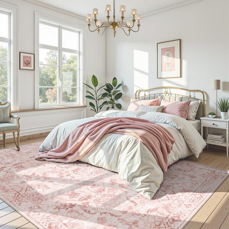 Deerly Pink Area Rugs 8x10 Rugs for Living Room, Traditional Washable Rugs for Bedroom Distressed Large Area Rug Living Room Rug Non Slip Rug Carpet for Dining Nursery - Image 1