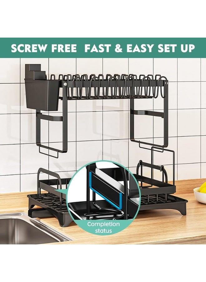 Double Layer Stainless Steel Dish Drying Rack with Automatic Drainage Tray – Kitchen Rack for Plates, Bowls, Cups & Cutlery, Large Capacity, Space-Saving Design, Rust-Resistant Durable Frame, Easy Assembly, Non-Slip Feet, Countertop Organizer for Home and Office 42x29cm - Image 3