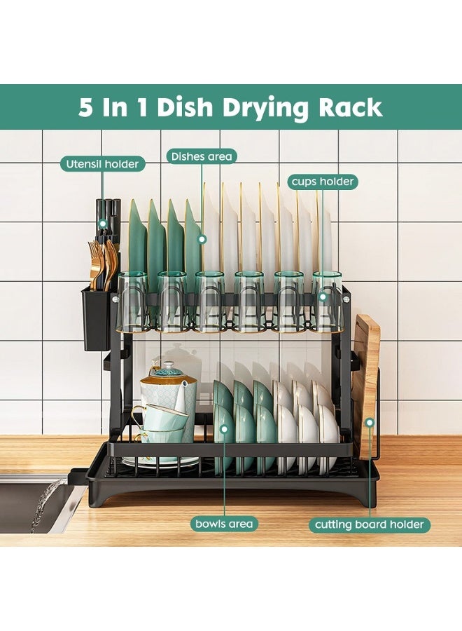 Double Layer Stainless Steel Dish Drying Rack with Automatic Drainage Tray – Kitchen Rack for Plates, Bowls, Cups & Cutlery, Large Capacity, Space-Saving Design, Rust-Resistant Durable Frame, Easy Assembly, Non-Slip Feet, Countertop Organizer for Home and Office 42x29cm - Image 2