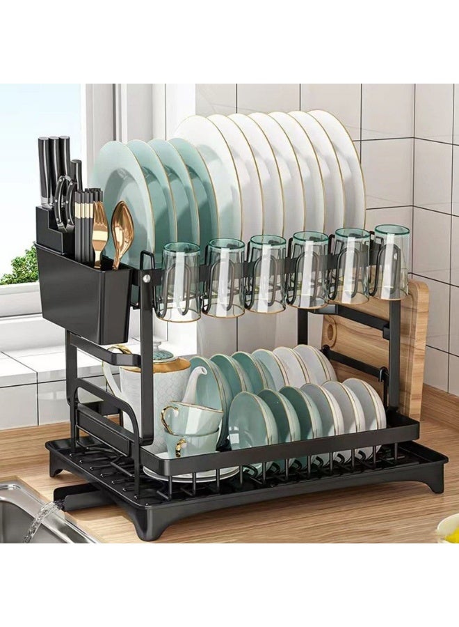 Double Layer Stainless Steel Dish Drying Rack with Automatic Drainage Tray – Kitchen Rack for Plates, Bowls, Cups & Cutlery, Large Capacity, Space-Saving Design, Rust-Resistant Durable Frame, Easy Assembly, Non-Slip Feet, Countertop Organizer for Home and Office 42x29cm - Image 1