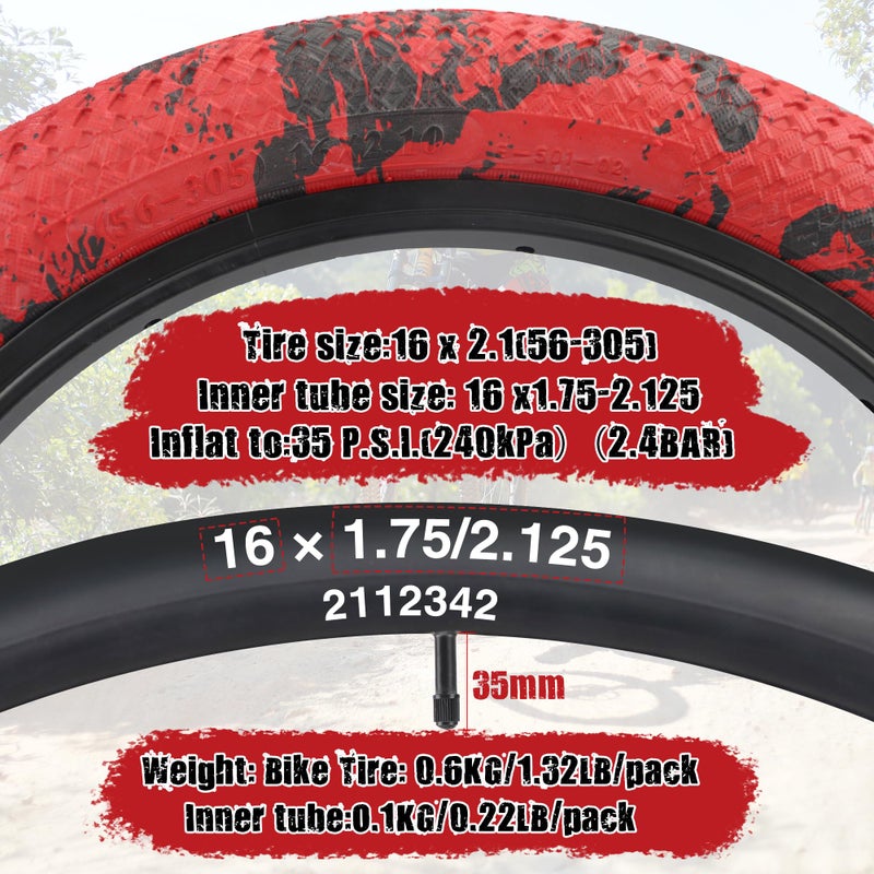 WEEROCK Bike Tire 16 Inch Tires (56-305) 2 Pack 16 x 2.1 Folding Bead Replacement Tyre with Inner Tubes for 16" Bicycles, Kid Bike, MTB, Mountain Bike, BMX, Red Black - Image 4