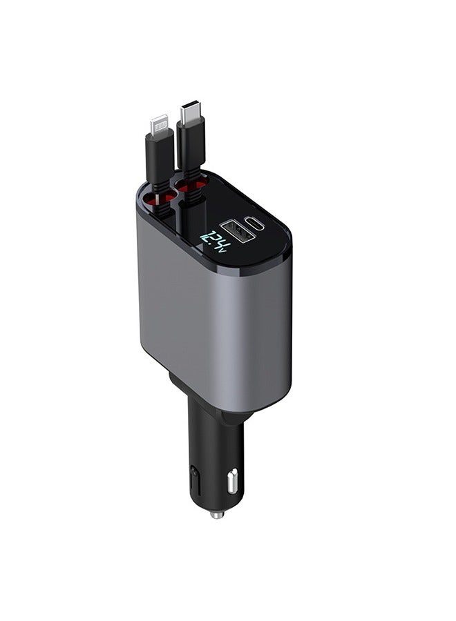 شاحن سيارة قابل للسحب بقوة 120 واط، شاحن هاتف سيارة سريع 4 في 1، كابلات قابلة للسحب بقدرة 120 واط ومحول شاحن سيارة بمنفذي USB A+C متوافق مع هاتف iPhone Sereis أسود/رمادي - Image 1