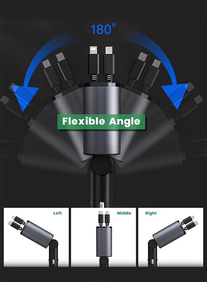 شاحن سيارة قابل للسحب بقوة 120 واط، شاحن هاتف سيارة سريع 4 في 1، كابلات قابلة للسحب بقدرة 120 واط ومحول شاحن سيارة بمنفذي USB A+C متوافق مع هاتف iPhone Sereis أسود/رمادي - Image 5