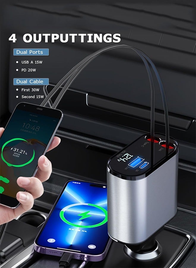 شاحن سيارة قابل للسحب بقوة 120 واط، شاحن هاتف سيارة سريع 4 في 1، كابلات قابلة للسحب بقدرة 120 واط ومحول شاحن سيارة بمنفذي USB A+C متوافق مع هاتف iPhone Sereis أسود/رمادي - Image 4
