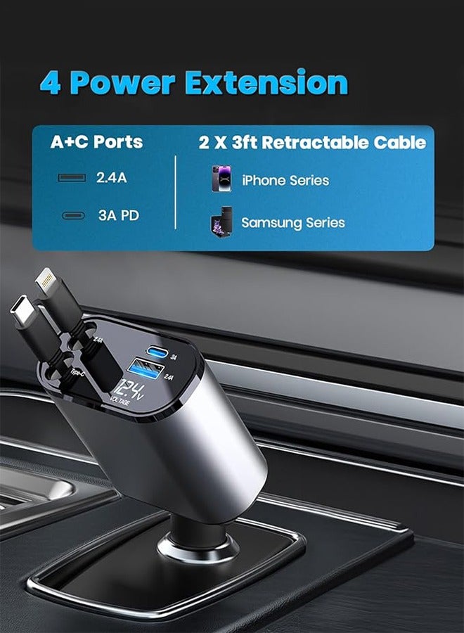 شاحن سيارة قابل للسحب بقوة 120 واط، شاحن هاتف سيارة سريع 4 في 1، كابلات قابلة للسحب بقدرة 120 واط ومحول شاحن سيارة بمنفذي USB A+C متوافق مع هاتف iPhone Sereis أسود/رمادي - Image 2