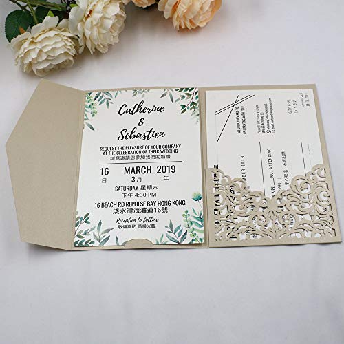 Lucky Star 25pcs 5"x7.28" Champagne Vine Tri Fold Pocketfold Wedding Invitations Cards pocket Pearl Paper Laser Cut Hollow Carving Greeting invites Covers only no envelope no insert (champagne cover only) - Image 3