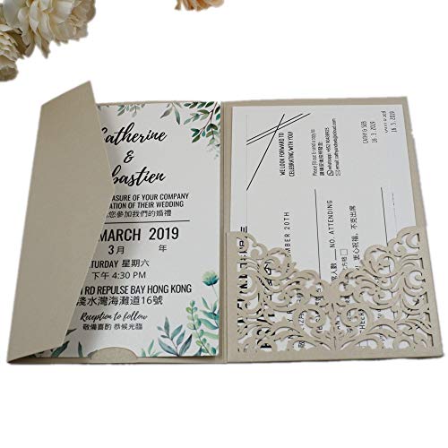 Lucky Star 25pcs 5"x7.28" Champagne Vine Tri Fold Pocketfold Wedding Invitations Cards pocket Pearl Paper Laser Cut Hollow Carving Greeting invites Covers only no envelope no insert (champagne cover only) - Image 5
