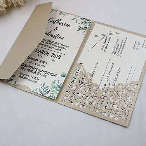 Lucky Star 25pcs 5"x7.28" Champagne Vine Tri Fold Pocketfold Wedding Invitations Cards pocket Pearl Paper Laser Cut Hollow Carving Greeting invites Covers only no envelope no insert (champagne cover only) - Image 2