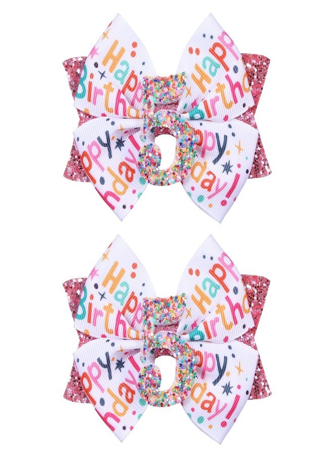 Miroksh 4" Glitter Happy Birthday Hair Bow Clips for Girls Ages 1-6, Pink Ribbon Cheer Bow Barrettes Alligator Hairpins, Confetti Ice Cream Party Dress Accessories, Her 5th Birthday Gift - Image 1