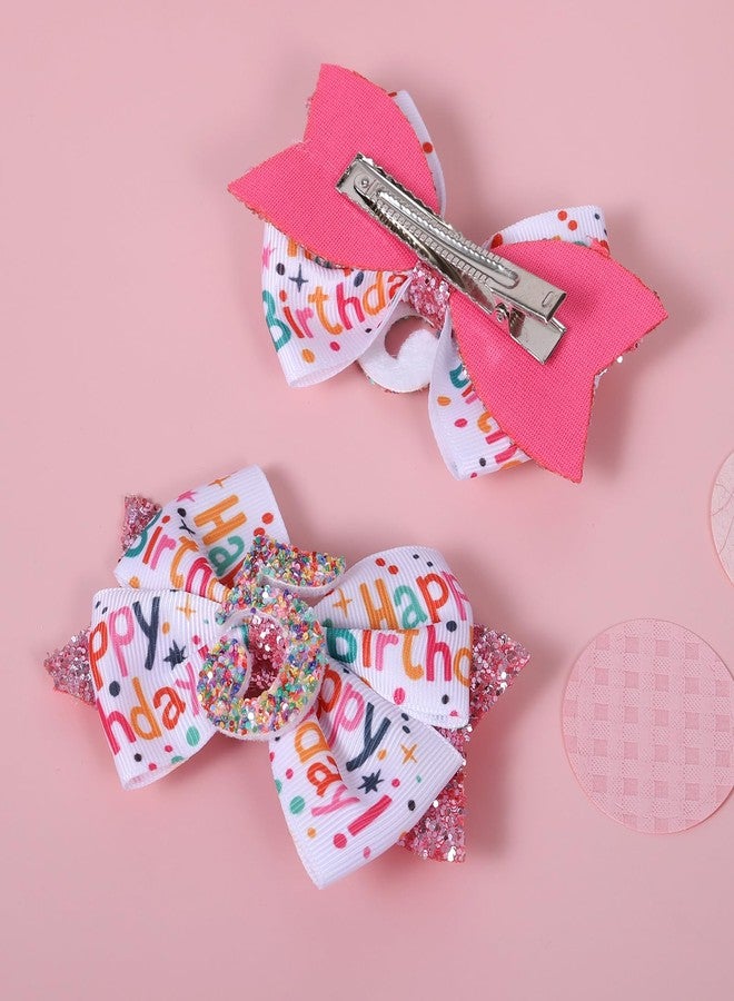 Miroksh 4" Glitter Happy Birthday Hair Bow Clips for Girls Ages 1-6, Pink Ribbon Cheer Bow Barrettes Alligator Hairpins, Confetti Ice Cream Party Dress Accessories, Her 5th Birthday Gift - Image 2
