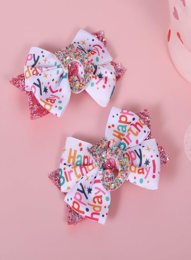 Miroksh 4" Glitter Happy Birthday Hair Bow Clips for Girls Ages 1-6, Pink Ribbon Cheer Bow Barrettes Alligator Hairpins, Confetti Ice Cream Party Dress Accessories, Her 5th Birthday Gift - Image 3