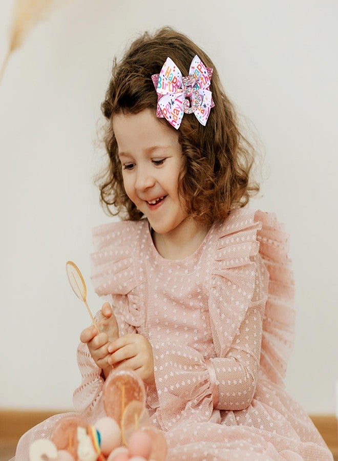 Miroksh 4" Glitter Happy Birthday Hair Bow Clips for Girls Ages 1-6, Pink Ribbon Cheer Bow Barrettes Alligator Hairpins, Confetti Ice Cream Party Dress Accessories, Her 5th Birthday Gift - Image 5