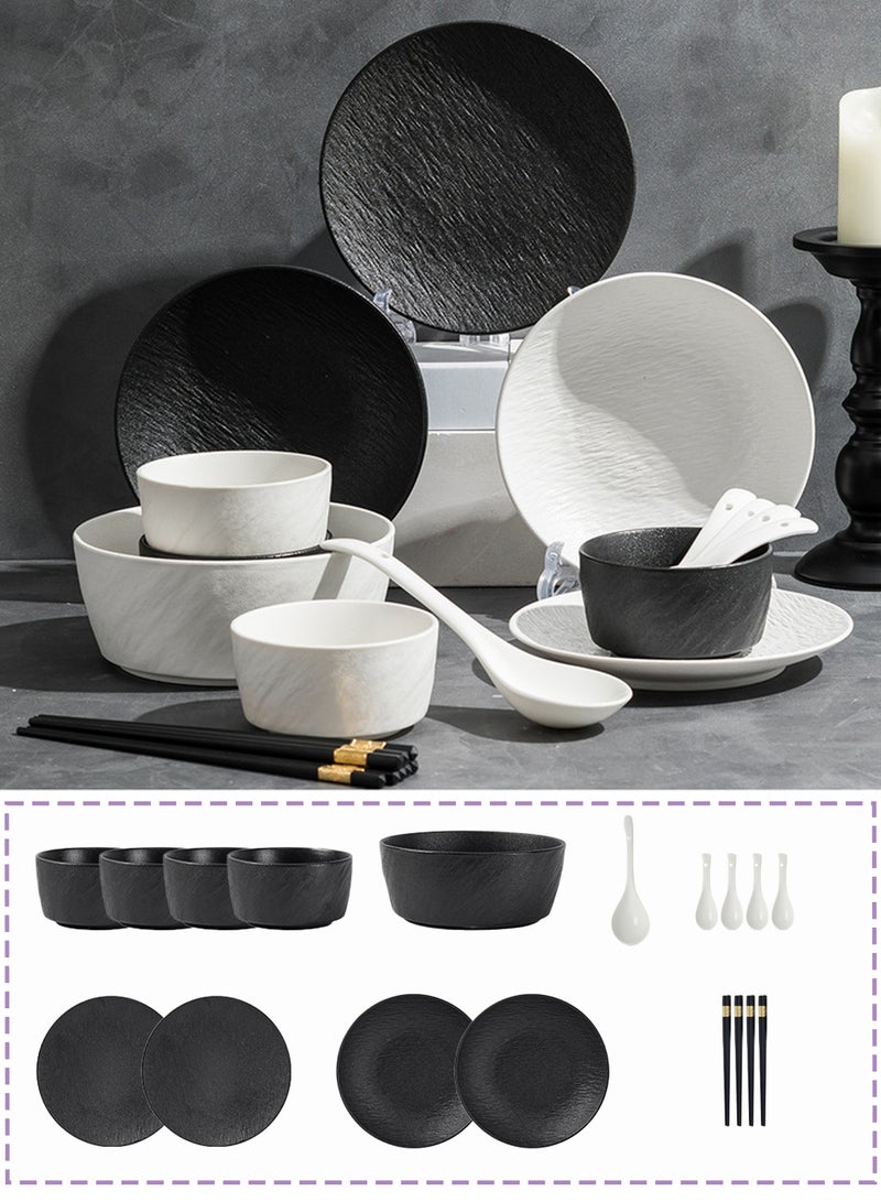 18 - Piece Modern Matte - Finish Black And White Ceramic Tableware Set For 4, Includes 4 Bowls, 4 Plates, 4 Spoons, 4 Chopsticks, 1 Soup Bowl And 1 Soup Spoon - Image 1