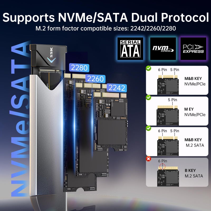 SSK M.2 NVME SATA SSD Enclosure Adapter, USB 3.2 Gen 2 (10 Gbps) to NVME PCI-E SATA M-Key/(B+M) Key Solid State Drive External Enclosure Aluminum Support UASP Trim for SSDs 2242/2260/2280 - Image 3