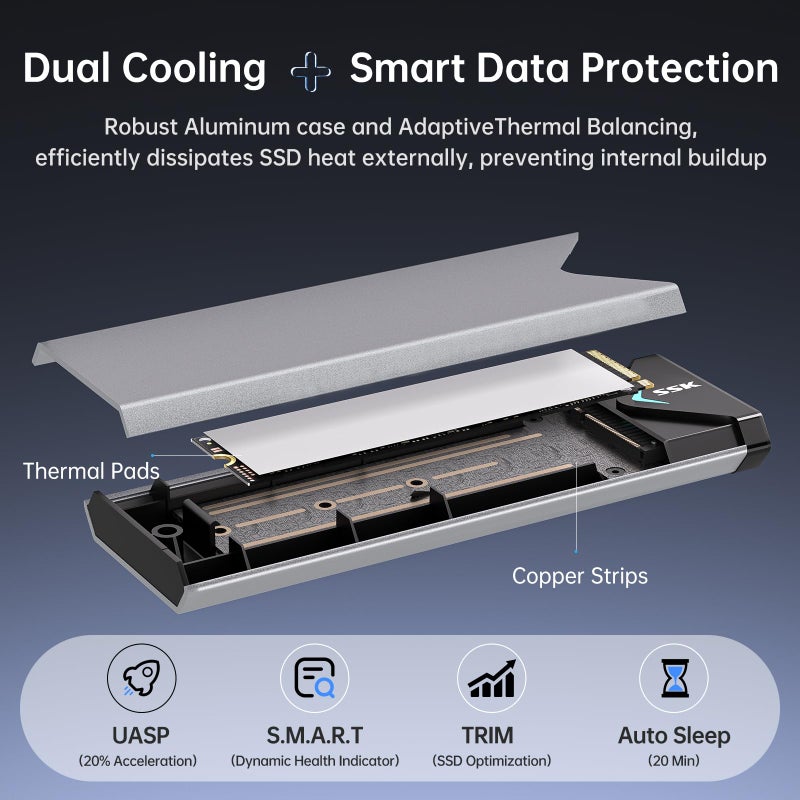 SSK M.2 NVME SATA SSD Enclosure Adapter, USB 3.2 Gen 2 (10 Gbps) to NVME PCI-E SATA M-Key/(B+M) Key Solid State Drive External Enclosure Aluminum Support UASP Trim for SSDs 2242/2260/2280 - Image 5