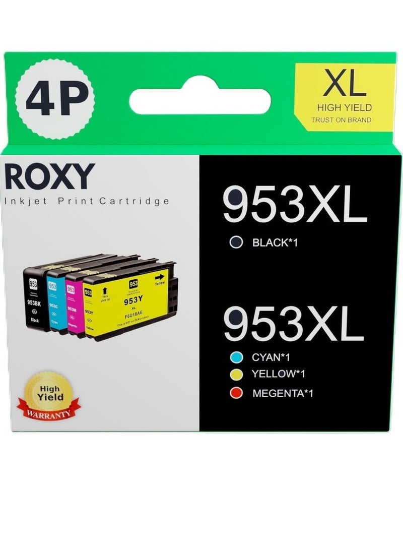 روكسي عبوة متعددة من خراطيش الحبر Roxy 953XL/954X/955XL لطابعات HP 953 XL متوافقة مع طابعات HP Officejet Pro 7740 8218 8710 8715 8718 8719 8720 8725 8730 8740 (أسود، سماوي، أرجواني، أصفر) - Image 1